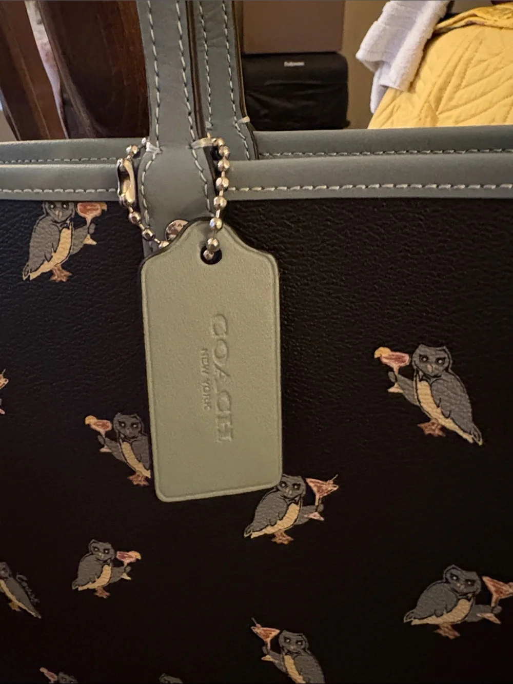 Coach Navy Leather Tote with Owl Print and Light Blue Trim